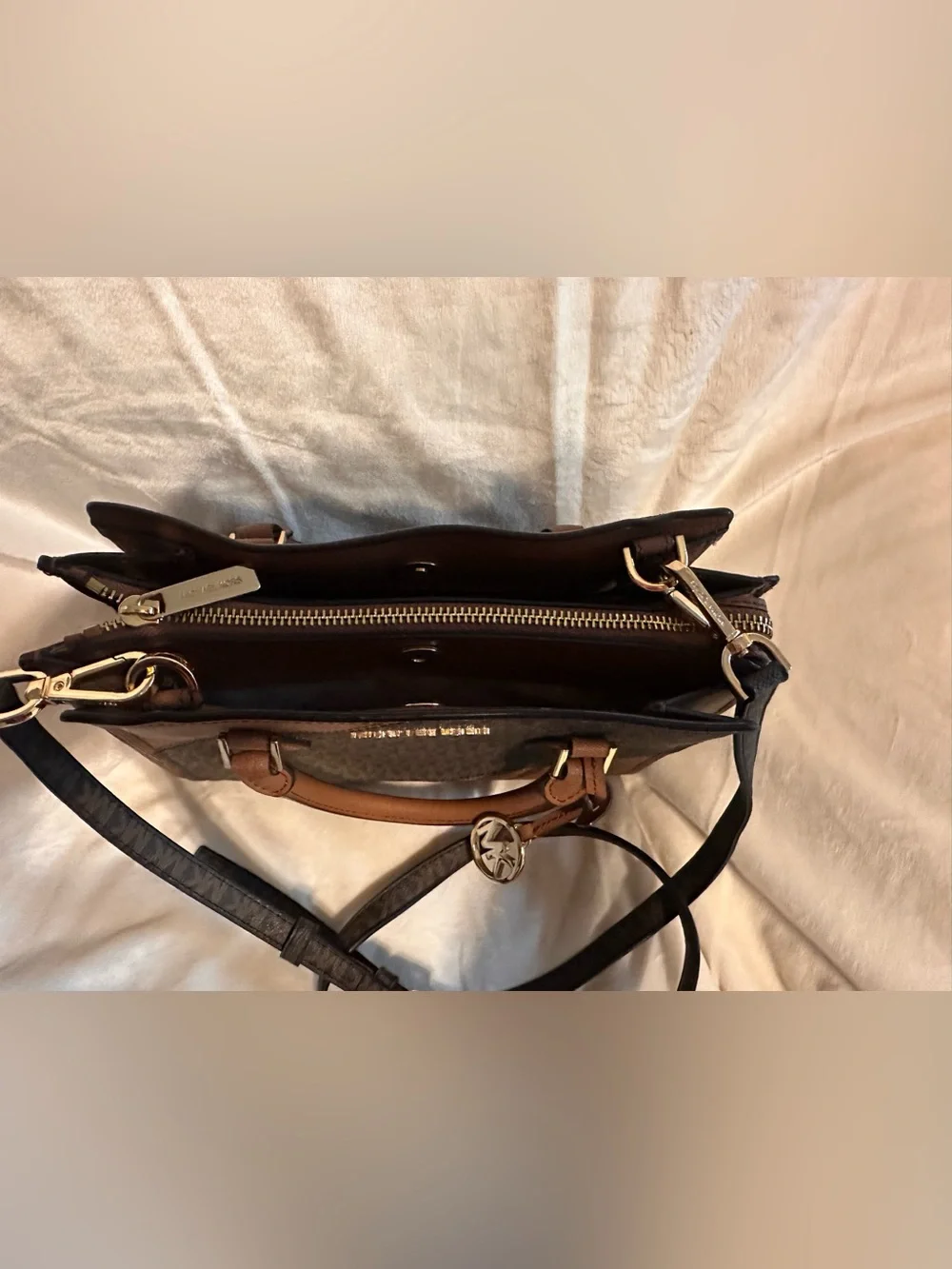 Michael Kors Brown and Black MK Logo  Sheila Satchel with Gold Charm